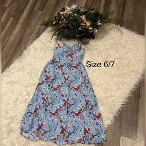 Patpat long spaghetti strap girls dress, size 6/7 blue with flowers